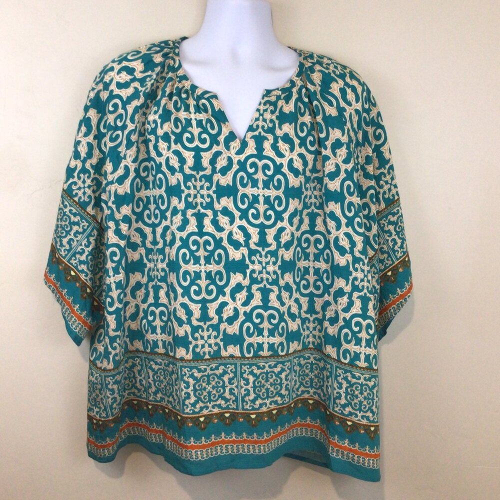 Women's Teal and Cream Printed Blouse